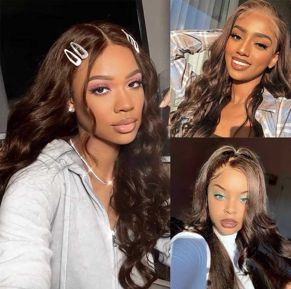 Front view of the long wavy brown lace wig from Pettyphia. This 13x4 lace front wig features 150% density human hair. Available for fast and free shipping across all states in the USA.