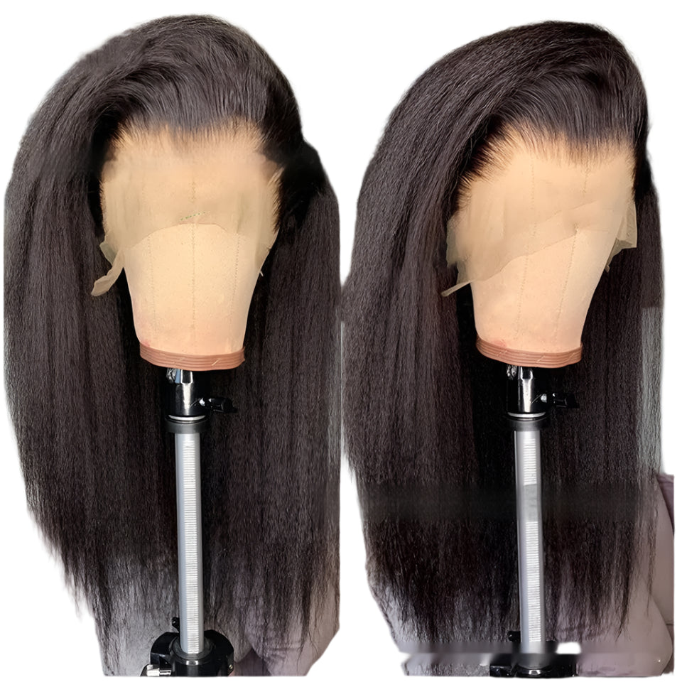 Back view of the Brazilian Kinky Straight Wig with a glueless design, showcasing its comfort and versatility, available for online shopping in Miami at Pettyphia.