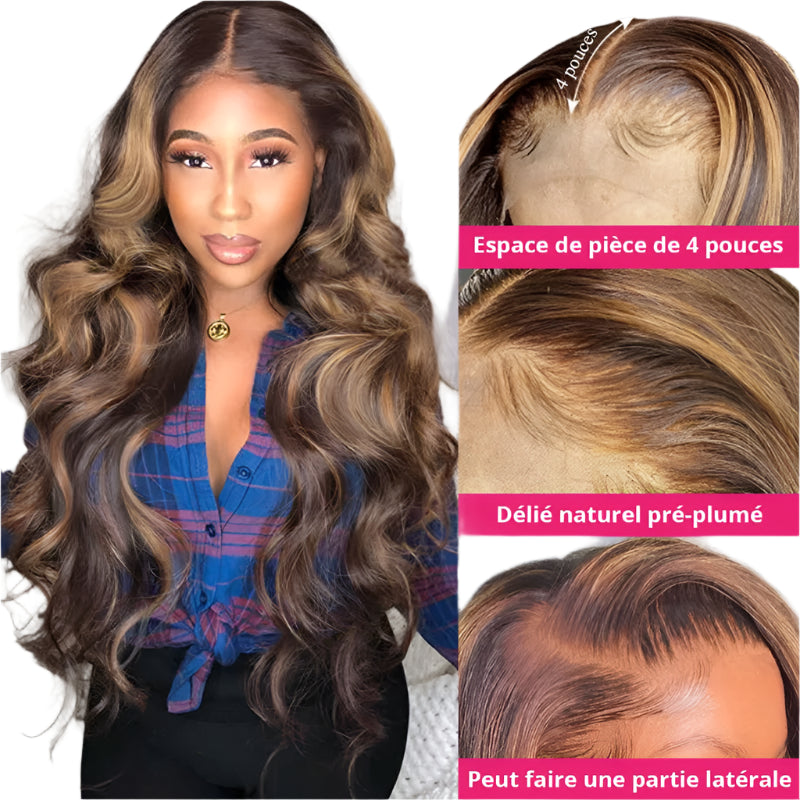 Pre-Plucked 13x6 Lace Front Human Hair Wig with Body Wave and Bleached Highlights by Pettyphia 
