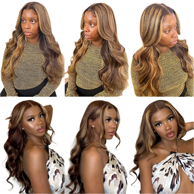  Pre-Plucked 13x6 Lace Front Human Hair Wig with Body Wave and Bleached Highlights by Pettyphia
