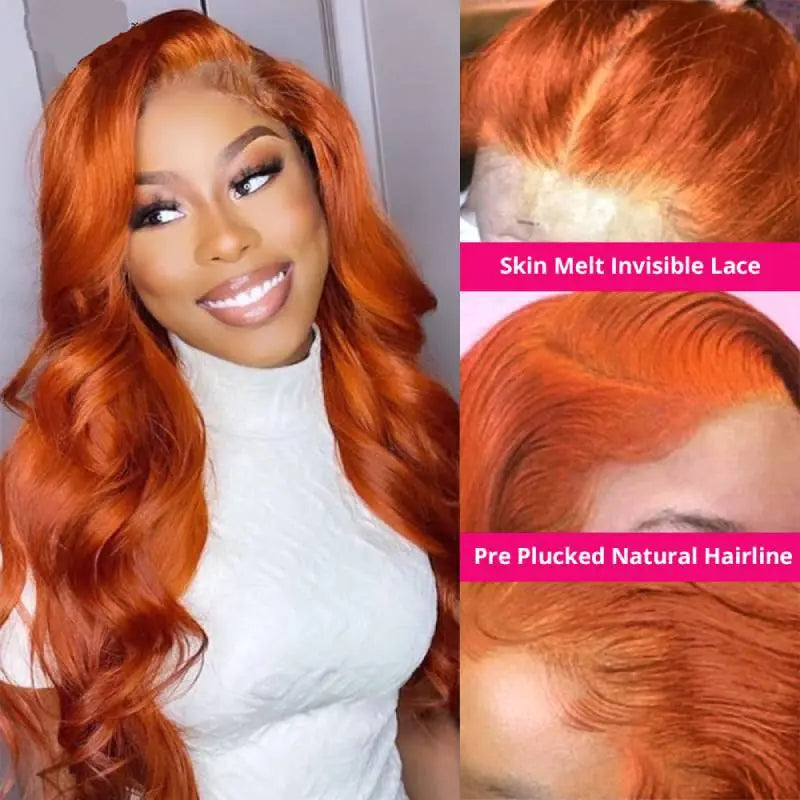 
Long straight orange lace wig with 150% density, silky texture, and natural finish by Pettyphia