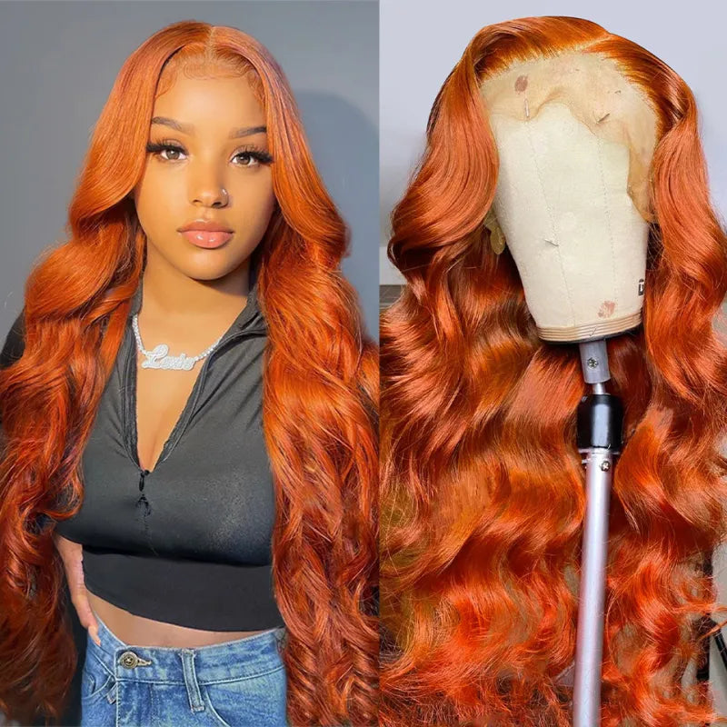 
Model wearing long straight orange lace wig, showcasing natural look and 150% density by Pettyphia