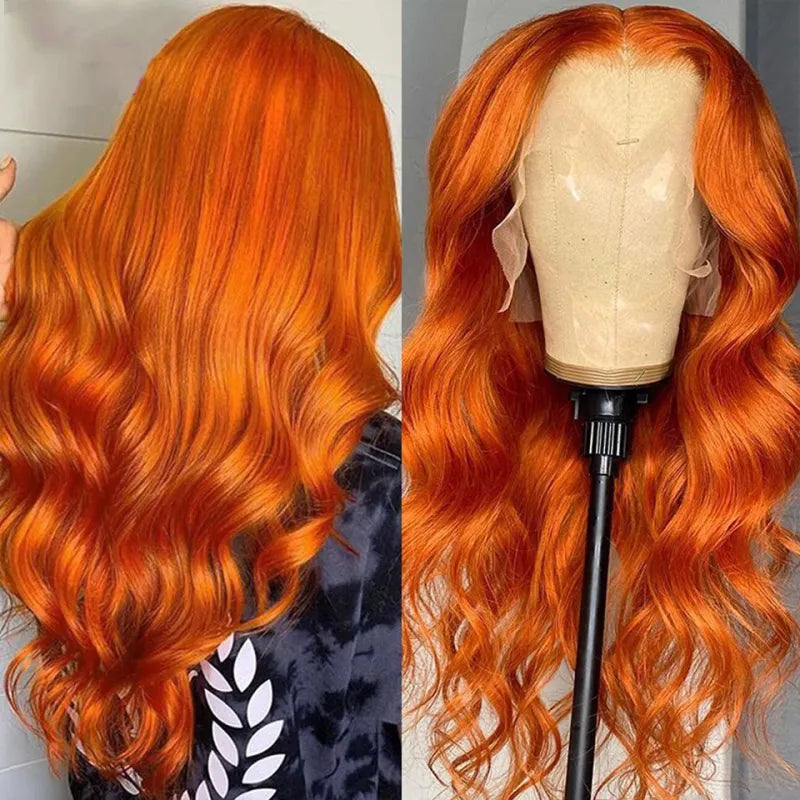 Close-up of silky straight orange lace wig showing 150% density and natural texture from Pettyphia.
