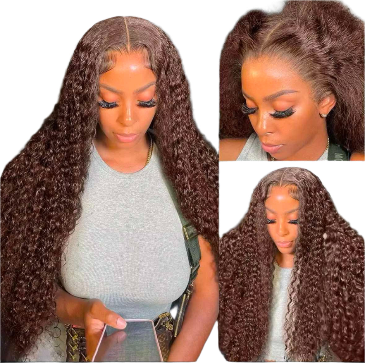 Close-up of Pettyphia Deep Wave Lace Front Wig in Chocolate Brown, ideal for enhancing beauty, available for online purchase in Chicago, Illinois.