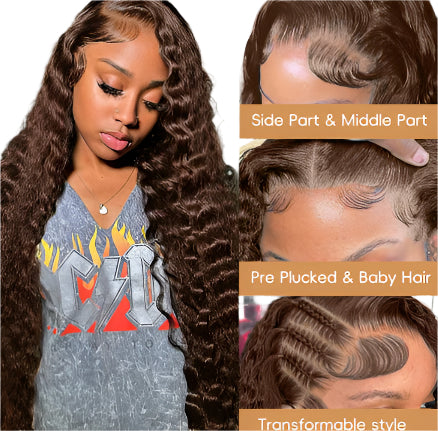 Pettyphia Deep Wave Lace Front Wig in Chocolate Brown, available for online shopping in New York City, showcasing a natural look and 180 density.