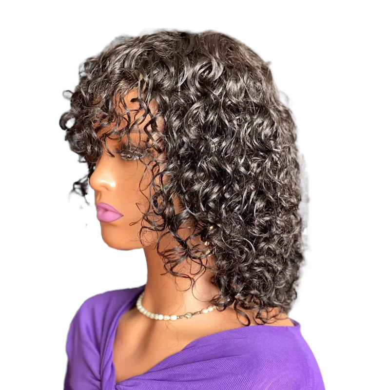 Side view of Pettyphia short curly wig, highlighting the soft texture and bounce of the curls, perfect for everyday wear.