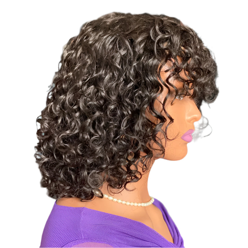  Front view of Pettyphia 12-inch short curly human hair wig, showcasing deep, luscious curls and natural volume for an elegant look.