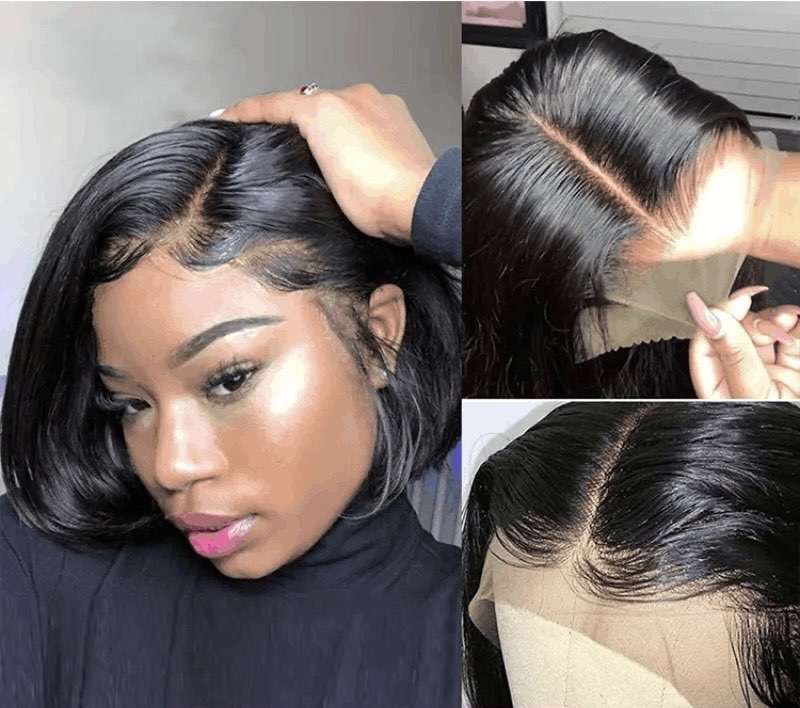 Side view of Pettyphia Brazilian Remy Human Hair Wig, highlighting the seamless 13x4 lace frontal design, perfect for chic styles in Los Angeles, California.