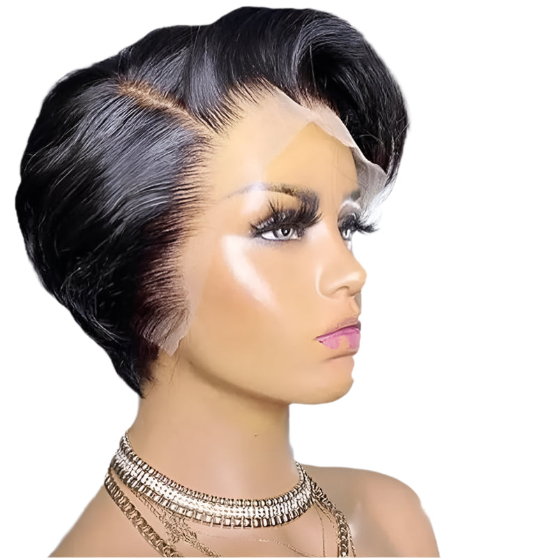 Front view of Pettyphia Pixie Cut Wig with Transparent T-Part Lace, showcasing its sleek bob design made from premium Remy Brazilian human hair, available for online shopping in Atlanta, Georgia.